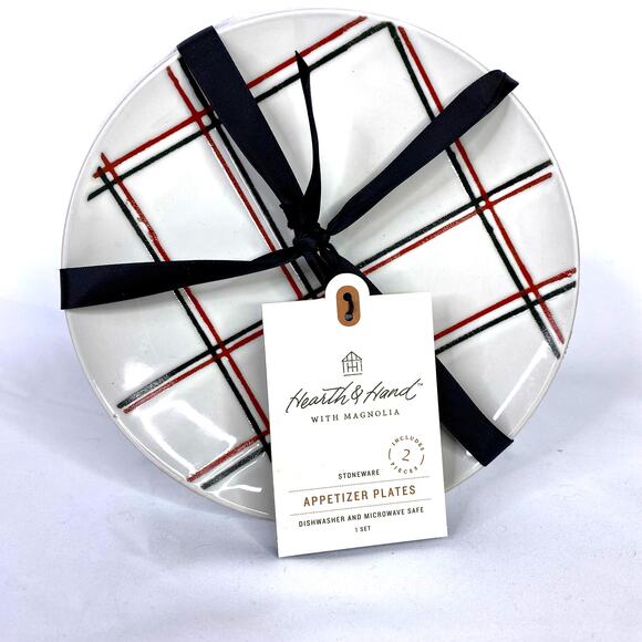 Hearth & Hand Magnolia Set of 2 Plaid Appetizer Plates Black Red Holidays NEW - Picture 1 of 11